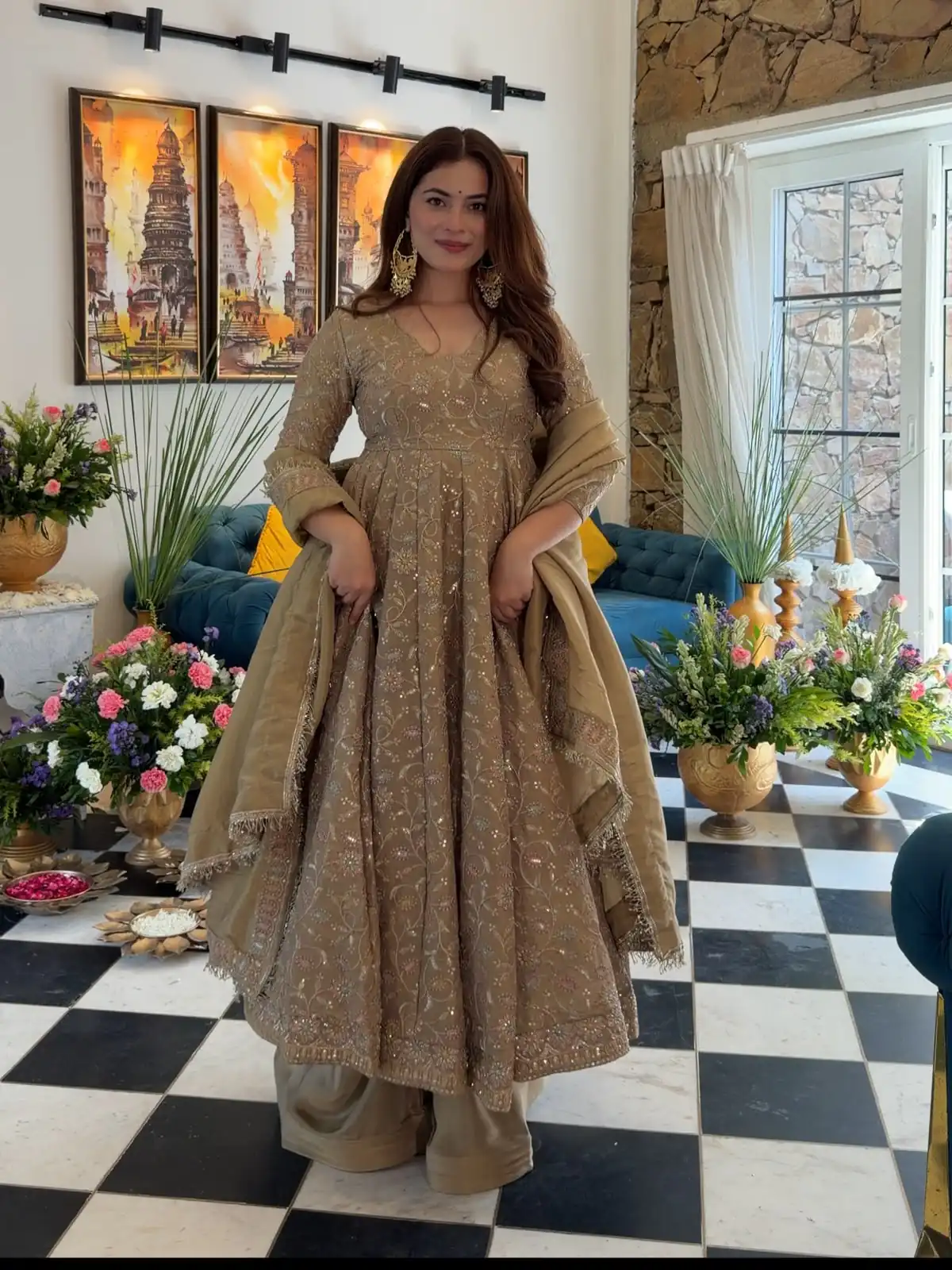 SR 1726 Chiku Fendy Silk Gown with Embroidery Work & Sequins Work. Special Price ₹2899. Delivery 4-6 Working Days. Shop now. | Gowns, Bollywood Gowns, Creative Gowns, Designer Gowns, Embroidered Gowns, Party Wear Gowns
