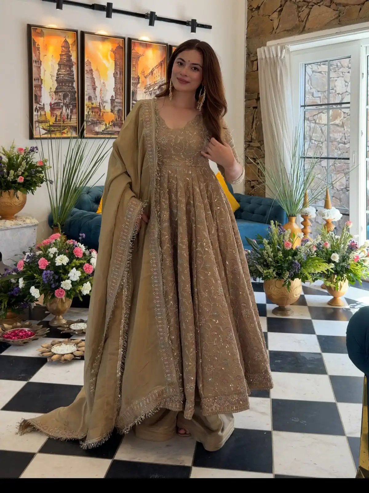 SR 1726 Chiku Fendy Silk Gown with Embroidery Work & Sequins Work. Special Price ₹2899. Delivery 4-6 Working Days. Shop now. | Gowns, Bollywood Gowns, Creative Gowns, Designer Gowns, Embroidered Gowns, Party Wear Gowns