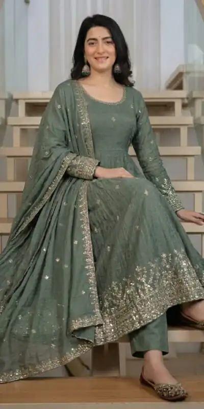 ND 5065 Grey Embroidery Work & Sequins Work Salwar Suit in Peach Crunchy Silk. Festive Deal ₹2449. Delivery 4-6 Working Days. Shop now. | Anarkali Suits, Bollywood Anarkali, Creative-Anarkali, Designer Anarkali, Embroidered Anarkali, Party Wear Anarkali