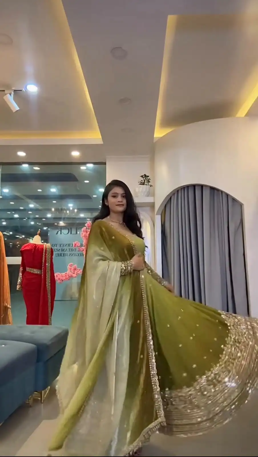 SR 1725 Mehendi Faux Georgette Gown with Mirror Work & Embroidery Work. Get it for ₹2449. Delivery 4-6 Working Days. Online Shop now. | Gowns, Bollywood Gowns, Creative Gowns, Designer Gowns, Embroidered Gowns, Party Wear Gowns