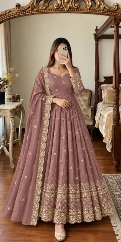 JF 059 Onion Fendy Silk Gown with Embroidery Work & Sequins Work. Special Price ₹2799. Delivery 4-6 Working Days. Shop now. | Gowns, Bollywood Gowns, Creative Gowns, Designer Gowns, Embroidered Gowns, Party Wear Gowns