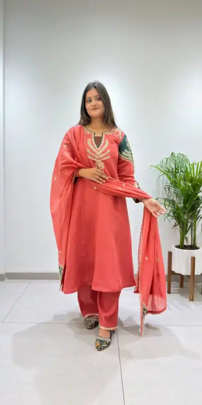BE 509 Peach Mul Chanderi Salwar Suit with Embroidery Work & Sequins Work. Festive Deal ₹2399. Delivery 4-6 Working Days. Shop nowp | Jump Suits, Salwar suit, Casual Suits, Creative suits, Designer Suits, Palazzo Suits, Party Wear Suits, Patiala Suits, Straight Suits