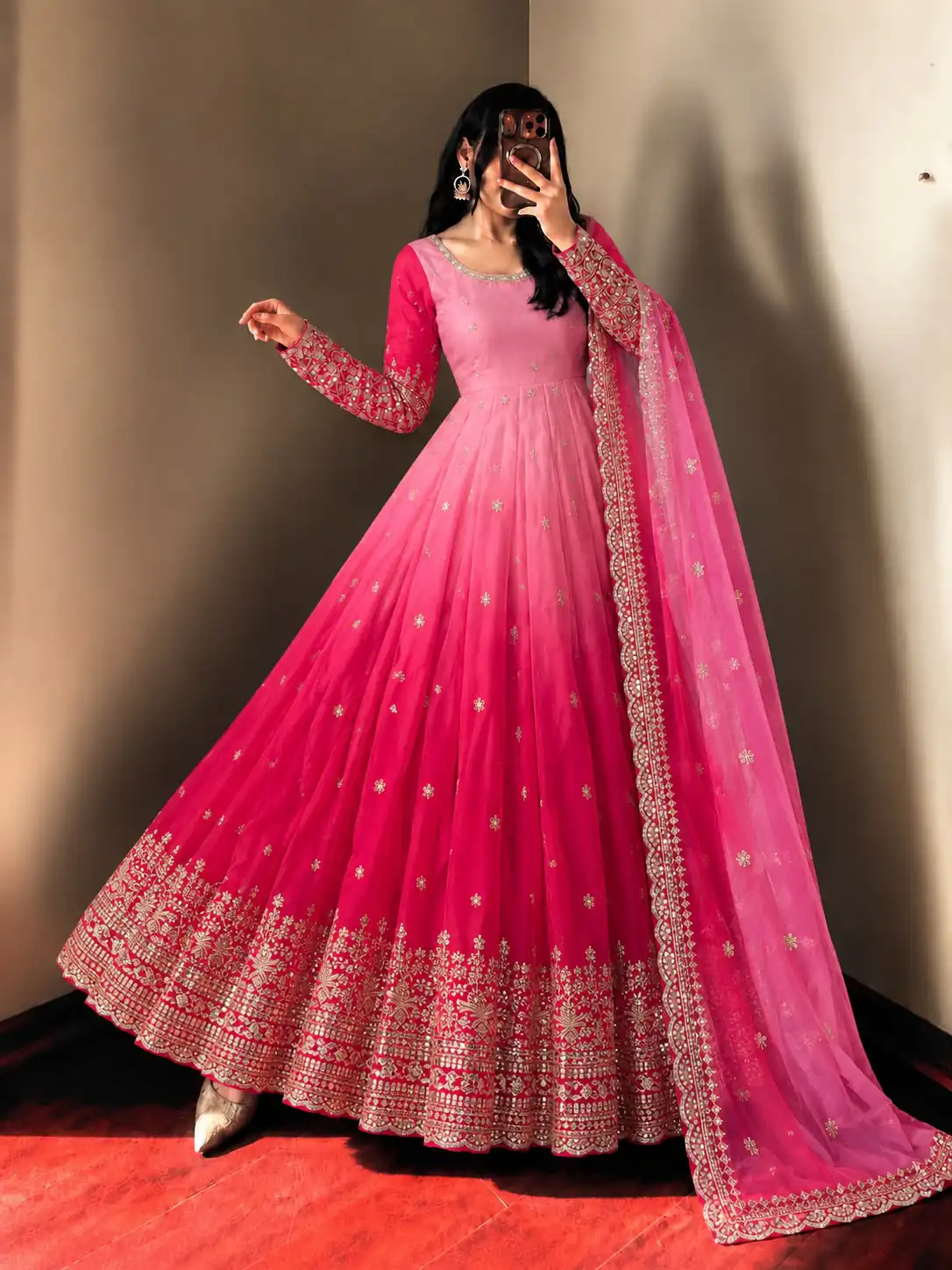 SR 1725 Pink Faux Georgette Gown with Mirror Work & Embroidery Work. Get it for ₹2449. Delivery 4-6 Working Days. Online Shop now. | Gowns, Bollywood Gowns, Creative Gowns, Designer Gowns, Embroidered Gowns, Party Wear Gowns
