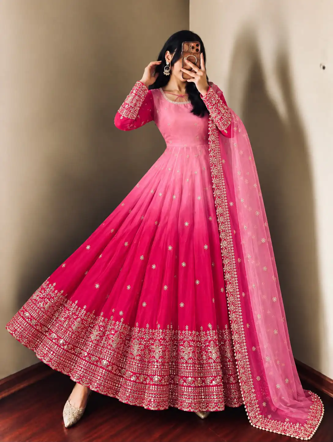 SR 1725 Pink Faux Georgette Gown with Mirror Work & Embroidery Work. Get it for ₹2449. Delivery 4-6 Working Days. Online Shop now. | Gowns, Bollywood Gowns, Creative Gowns, Designer Gowns, Embroidered Gowns, Party Wear Gowns