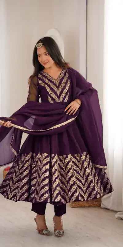 JF 050 Purple Embroidery Work & Sequins Work Salwar Suit in Peach Crunchy Silk. Festive Deal ₹2099. Delivery 4-6 Working Days. Shop now. | Anarkali Suits, Bollywood Anarkali, Creative-Anarkali, Designer Anarkali, Embroidered Anarkali, Party Wear Anarkali