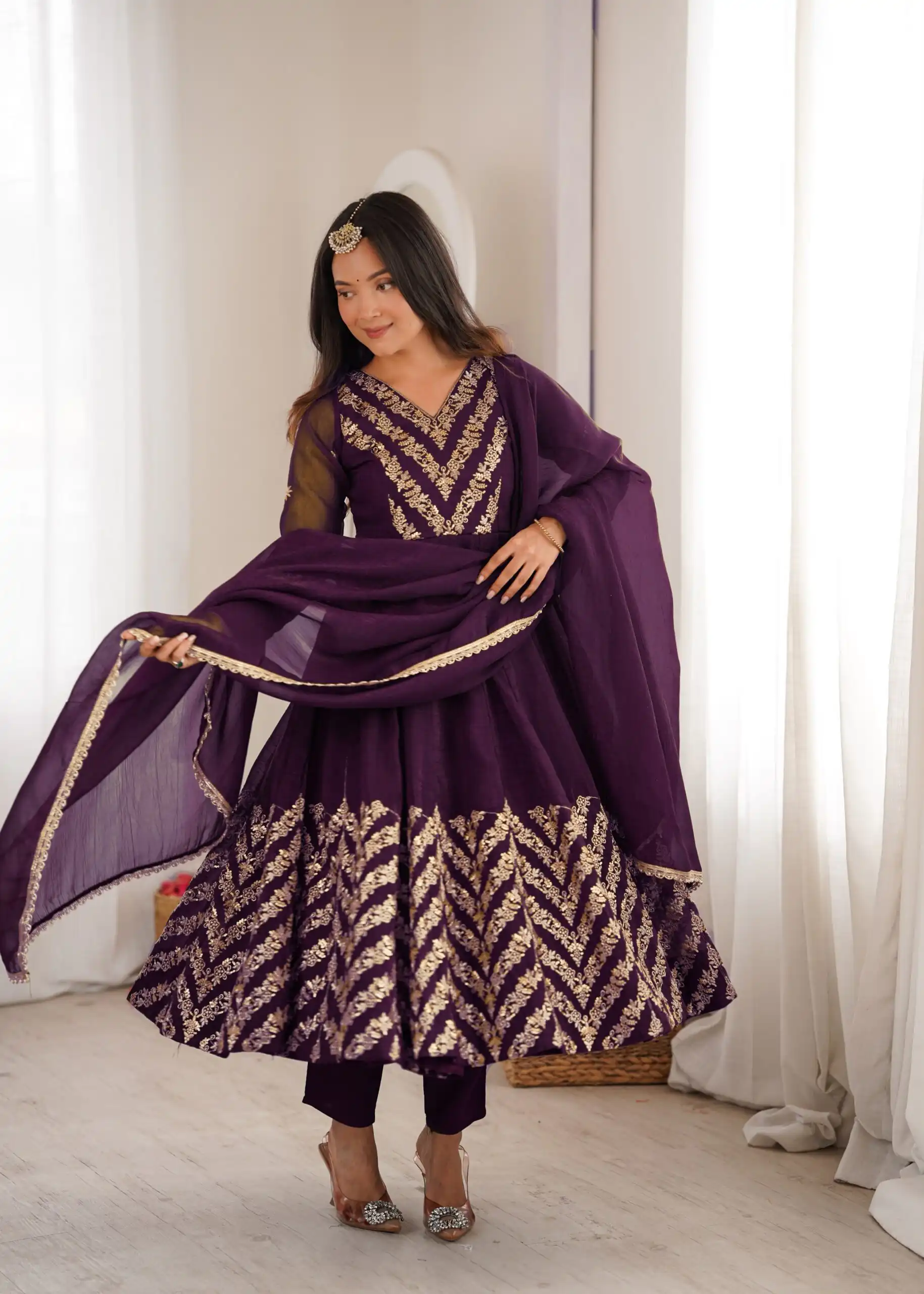 JF 050 Purple Embroidery Work & Sequins Work Salwar Suit in Peach Crunchy Silk. Festive Deal ₹2099. Delivery 4-6 Working Days. Shop now. | Anarkali Suits, Bollywood Anarkali, Creative-Anarkali, Designer Anarkali, Embroidered Anarkali, Party Wear Anarkali