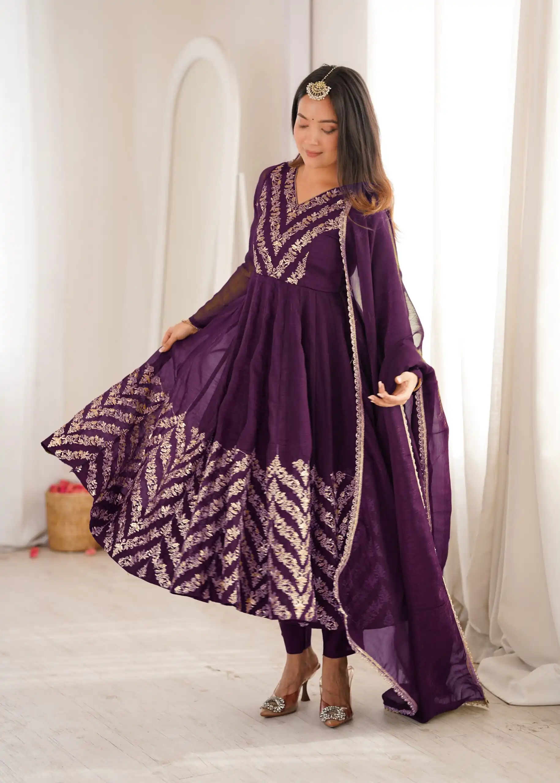 JF 050 Purple Embroidery Work & Sequins Work Salwar Suit in Peach Crunchy Silk. Festive Deal ₹2099. Delivery 4-6 Working Days. Shop now. | Anarkali Suits, Bollywood Anarkali, Creative-Anarkali, Designer Anarkali, Embroidered Anarkali, Party Wear Anarkali