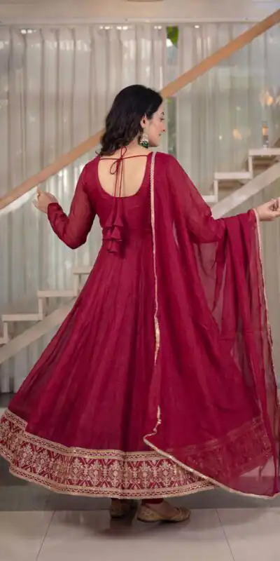 ND 5069 Red Embroidery Work & Sequins Work Salwar Suit in Peach Crunchy Silk. Festive Deal ₹2349. Delivery 4-6 Working Days. Shop now. | Anarkali Suits, Bollywood Anarkali, Creative-Anarkali, Designer Anarkali, Embroidered Anarkali, Party Wear Anarkali