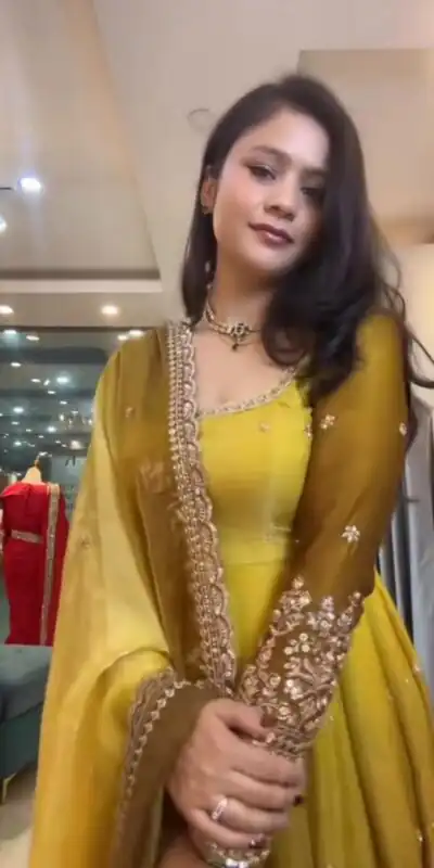 SR 1725 Yellow Faux Georgette Gown with Mirror Work & Embroidery Work. Get it for ₹2449. Delivery 4-6 Working Days. Online Shop now. | Gowns, Bollywood Gowns, Creative Gowns, Designer Gowns, Embroidered Gowns, Party Wear Gowns
