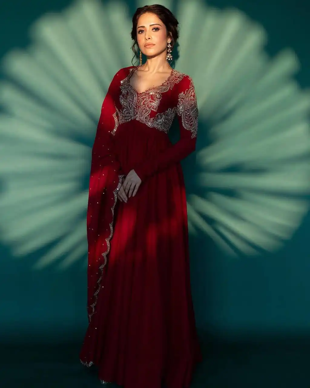 ST 1109 Red Chinon Gown. Perfect for Wedding, Party, Mehendi, Eid, Housewarming – Best Price ₹2149. Delivery 4-6 Working Days. Shop now. | Gowns, Bollywood Gowns, Creative Gowns, Designer Gowns, Embroidered Gowns, Party Wear Gowns