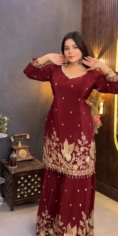 VLM 355 Maroon Chinon Silk Salwar Suit with Embroidery Work & Sequins Work. Get it for ₹2399. Delivery 4-6 Working Days. Shop now. | Jump Suits, Salwar suit, Casual Suits, Creative suits, Designer Suits, Palazzo Suits, Party Wear Suits, Patiala Suits, Straight Suits