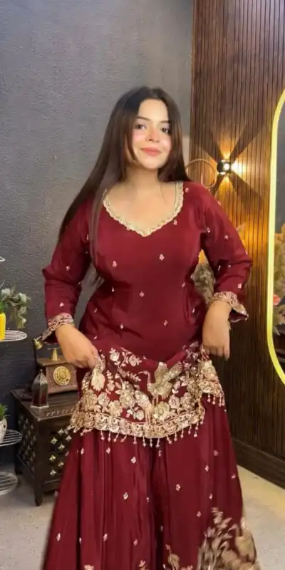 VLM 355 Maroon Chinon Silk Salwar Suit with Embroidery Work & Sequins Work. Get it for ₹2399. Delivery 4-6 Working Days. Shop now. | Jump Suits, Salwar suit, Casual Suits, Creative suits, Designer Suits, Palazzo Suits, Party Wear Suits, Patiala Suits, Straight Suits