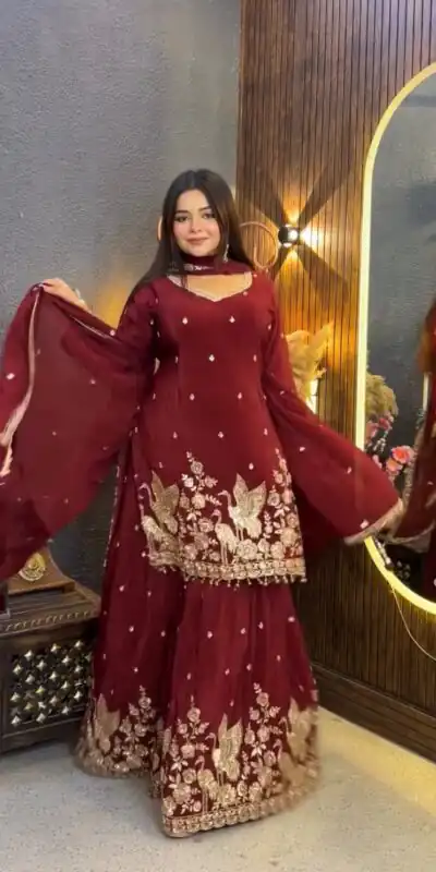 VLM 355 Maroon Chinon Silk Salwar Suit with Embroidery Work & Sequins Work. Get it for ₹2399. Delivery 4-6 Working Days. Shop now. | Jump Suits, Salwar suit, Casual Suits, Creative suits, Designer Suits, Palazzo Suits, Party Wear Suits, Patiala Suits, Straight Suits