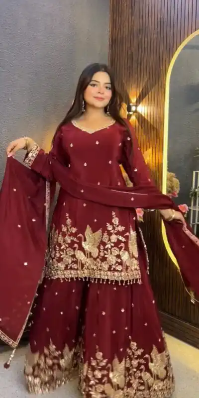 VLM 355 Maroon Chinon Silk Salwar Suit with Embroidery Work & Sequins Work. Get it for ₹2399. Delivery 4-6 Working Days. Shop now. | Jump Suits, Salwar suit, Casual Suits, Creative suits, Designer Suits, Palazzo Suits, Party Wear Suits, Patiala Suits, Straight Suits