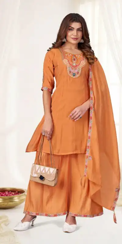 DIVA 171 Orange Mal Chanderi Salwar Suit Perfect for Wedding, Party, Baisakhi, Housewarming, Sangeet – Introductory Price ₹2449. Delivery 4-6 Working D | Jump Suits, Salwar suit, Casual Suits, Creative suits, Designer Suits, Palazzo Suits, Party Wear Suits, Patiala Suits, Straight Suits