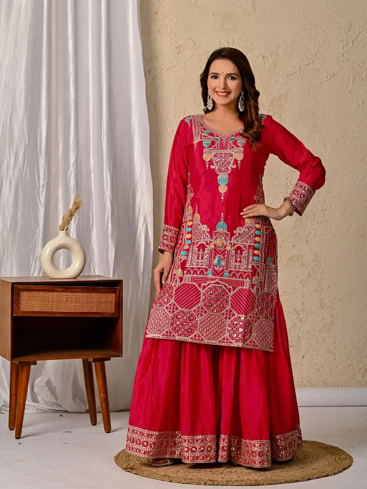 ND 5047 Red Chinon Silk Salwar Suit with Embroidery Work & Sequins Work. Get it for ₹2399. Delivery 4-6 Working Days. Shop now. | Jump Suits, Salwar suit, Casual Suits, Creative suits, Designer Suits, Palazzo Suits, Party Wear Suits, Patiala Suits, Straight Suits