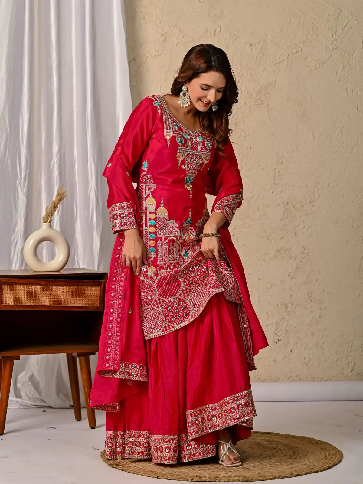 ND 5047 Red Chinon Silk Salwar Suit with Embroidery Work & Sequins Work. Get it for ₹2399. Delivery 4-6 Working Days. Shop now. | Jump Suits, Salwar suit, Casual Suits, Creative suits, Designer Suits, Palazzo Suits, Party Wear Suits, Patiala Suits, Straight Suits