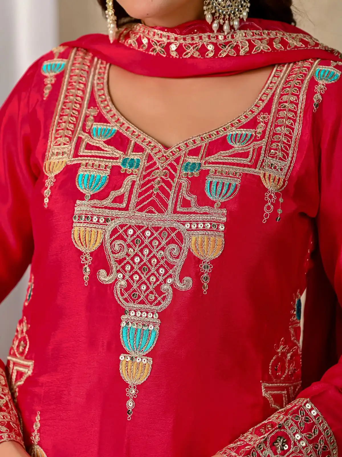ND 5047 Red Chinon Silk Salwar Suit with Embroidery Work & Sequins Work. Get it for ₹2399. Delivery 4-6 Working Days. Shop now. | Jump Suits, Salwar suit, Casual Suits, Creative suits, Designer Suits, Palazzo Suits, Party Wear Suits, Patiala Suits, Straight Suits