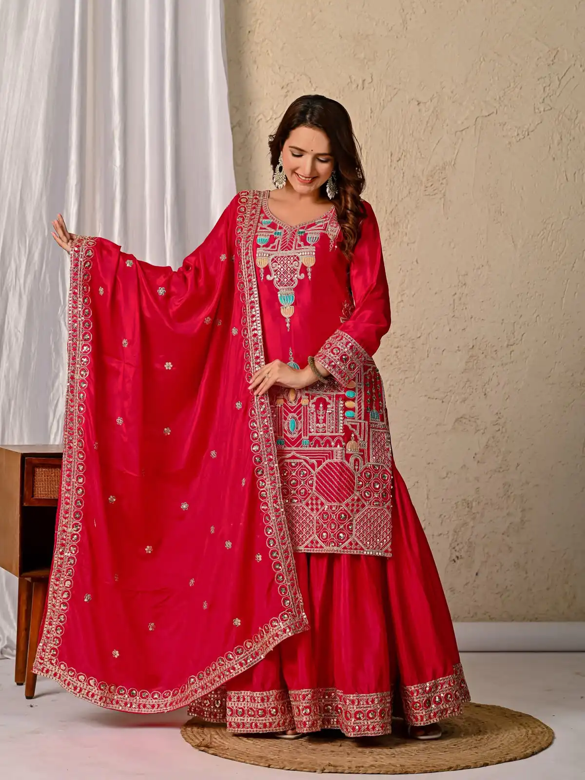 ND 5047 Red Chinon Silk Salwar Suit with Embroidery Work & Sequins Work. Get it for ₹2399. Delivery 4-6 Working Days. Shop now. | Jump Suits, Salwar suit, Casual Suits, Creative suits, Designer Suits, Palazzo Suits, Party Wear Suits, Patiala Suits, Straight Suits