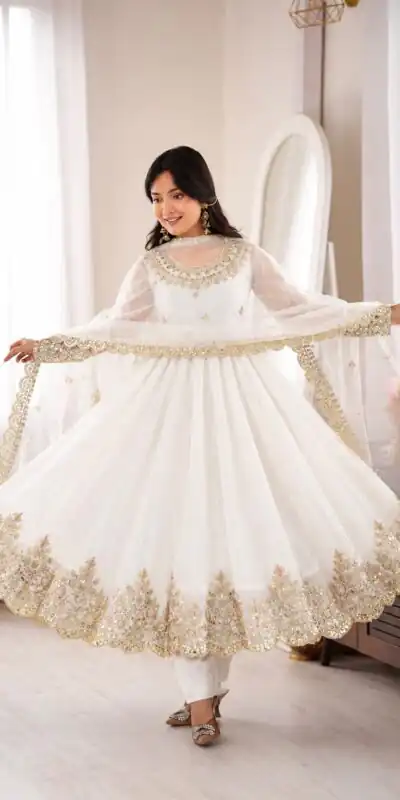 SR 1723 White Doremon Crush Gown with Lace Work & Mirror Work. Exclusive Offer ₹2449. Delivery 4-6 Working Days. Shop now. | Gowns, Bollywood Gowns, Creative Gowns, Designer Gowns, Embroidered Gowns, Party Wear Gowns