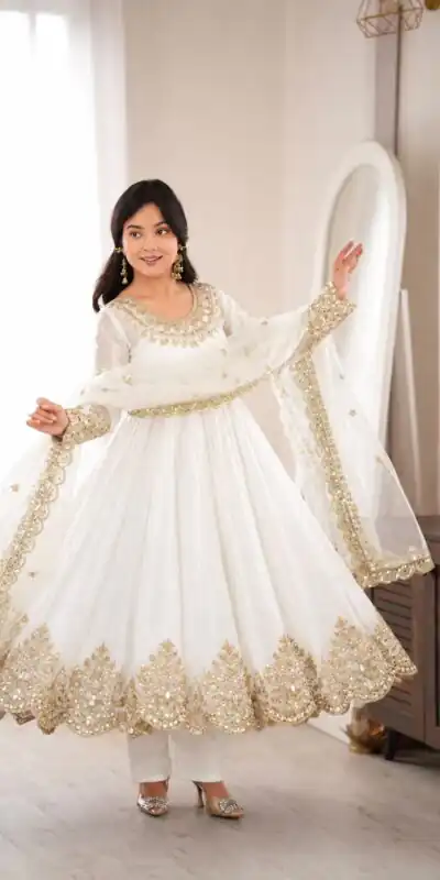 SR 1723 White Doremon Crush Gown with Lace Work & Mirror Work. Exclusive Offer ₹2449. Delivery 4-6 Working Days. Shop now. | Gowns, Bollywood Gowns, Creative Gowns, Designer Gowns, Embroidered Gowns, Party Wear Gowns