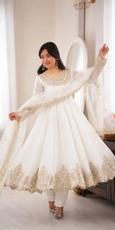 SR 1723 White Doremon Crush Gown with Lace Work & Mirror Work. Exclusive Offer ₹2449. Delivery 4-6 Working Days. Shop now. | Gowns, Bollywood Gowns, Creative Gowns, Designer Gowns, Embroidered Gowns, Party Wear Gowns