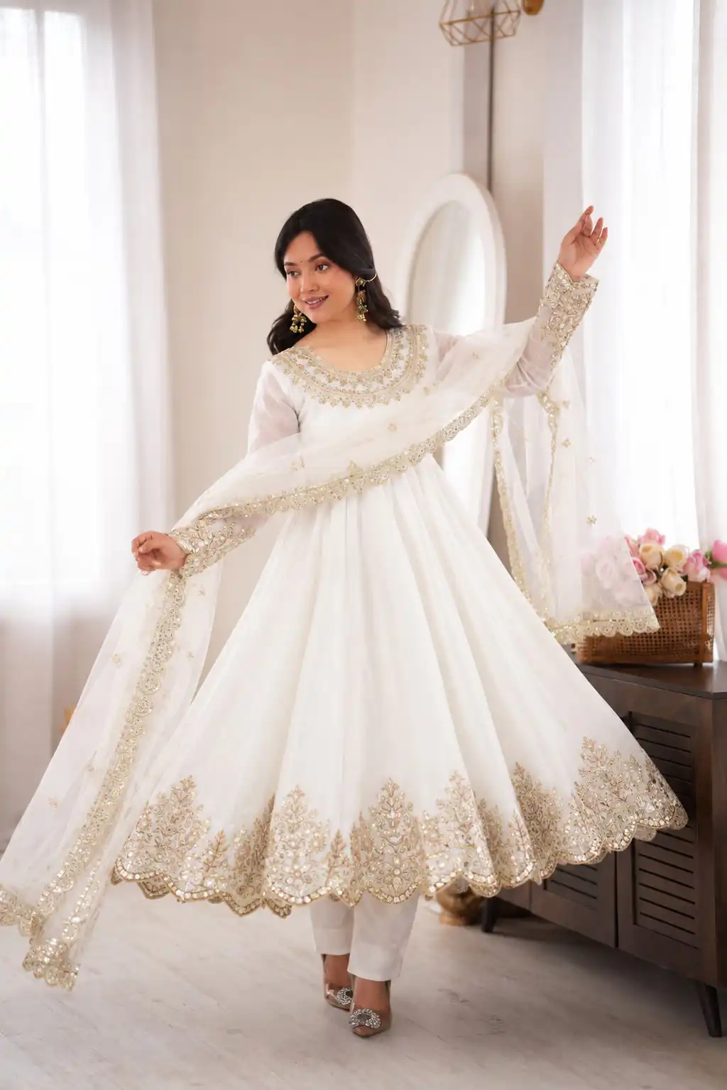 SR 1723 White Doremon Crush Gown with Lace Work & Mirror Work. Exclusive Offer ₹2449. Delivery 4-6 Working Days. Shop now. | Gowns, Bollywood Gowns, Creative Gowns, Designer Gowns, Embroidered Gowns, Party Wear Gowns