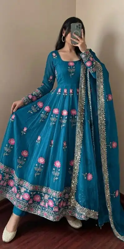 SR 1724 Blue Faux Georgette Gown with Mirror Work & Embroidery Work. Get it for ₹2799. Delivery 4-6 Working Days. Online Shop now. | Gowns, Bollywood Gowns, Creative Gowns, Designer Gowns, Embroidered Gowns, Party Wear Gowns