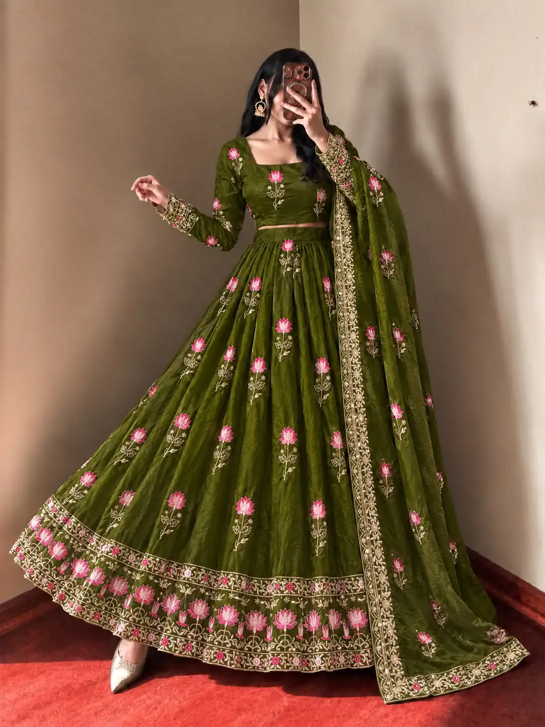 SR 1724 Mehendi Faux Georgette Gown with Mirror Work & Embroidery Work. Get it for ₹2799. Delivery 4-6 Working Days. Online Shop now. | Gowns, Bollywood Gowns, Creative Gowns, Designer Gowns, Embroidered Gowns, Party Wear Gowns
