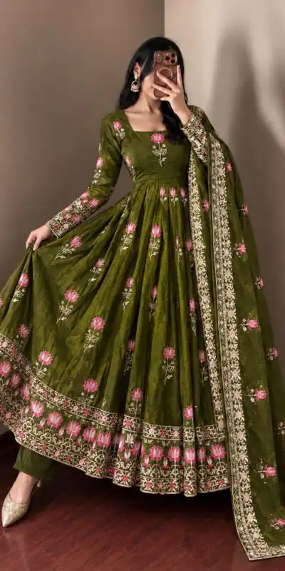 SR 1724 Mehendi Faux Georgette Gown with Mirror Work & Embroidery Work. Get it for ₹2799. Delivery 4-6 Working Days. Online Shop now. | Gowns, Bollywood Gowns, Creative Gowns, Designer Gowns, Embroidered Gowns, Party Wear Gowns