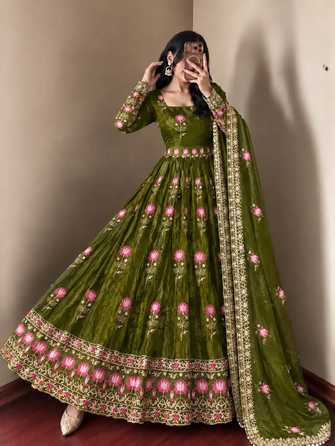 SR 1724 Mehendi Faux Georgette Gown with Mirror Work & Embroidery Work. Get it for ₹2799. Delivery 4-6 Working Days. Online Shop now. | Gowns, Bollywood Gowns, Creative Gowns, Designer Gowns, Embroidered Gowns, Party Wear Gowns