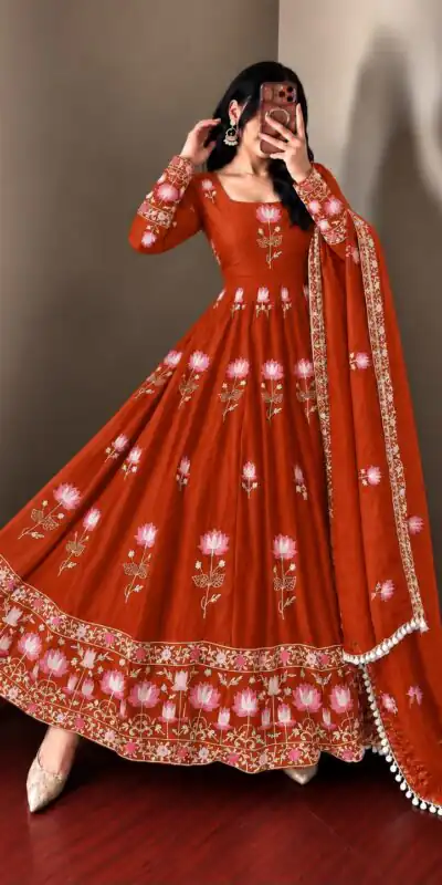 SR 1724 Rust Faux Georgette Gown with Mirror Work & Embroidery Work. Get it for ₹2799. Delivery 4-6 Working Days. Online Shop now. | Gowns, Bollywood Gowns, Creative Gowns, Designer Gowns, Embroidered Gowns, Party Wear Gowns