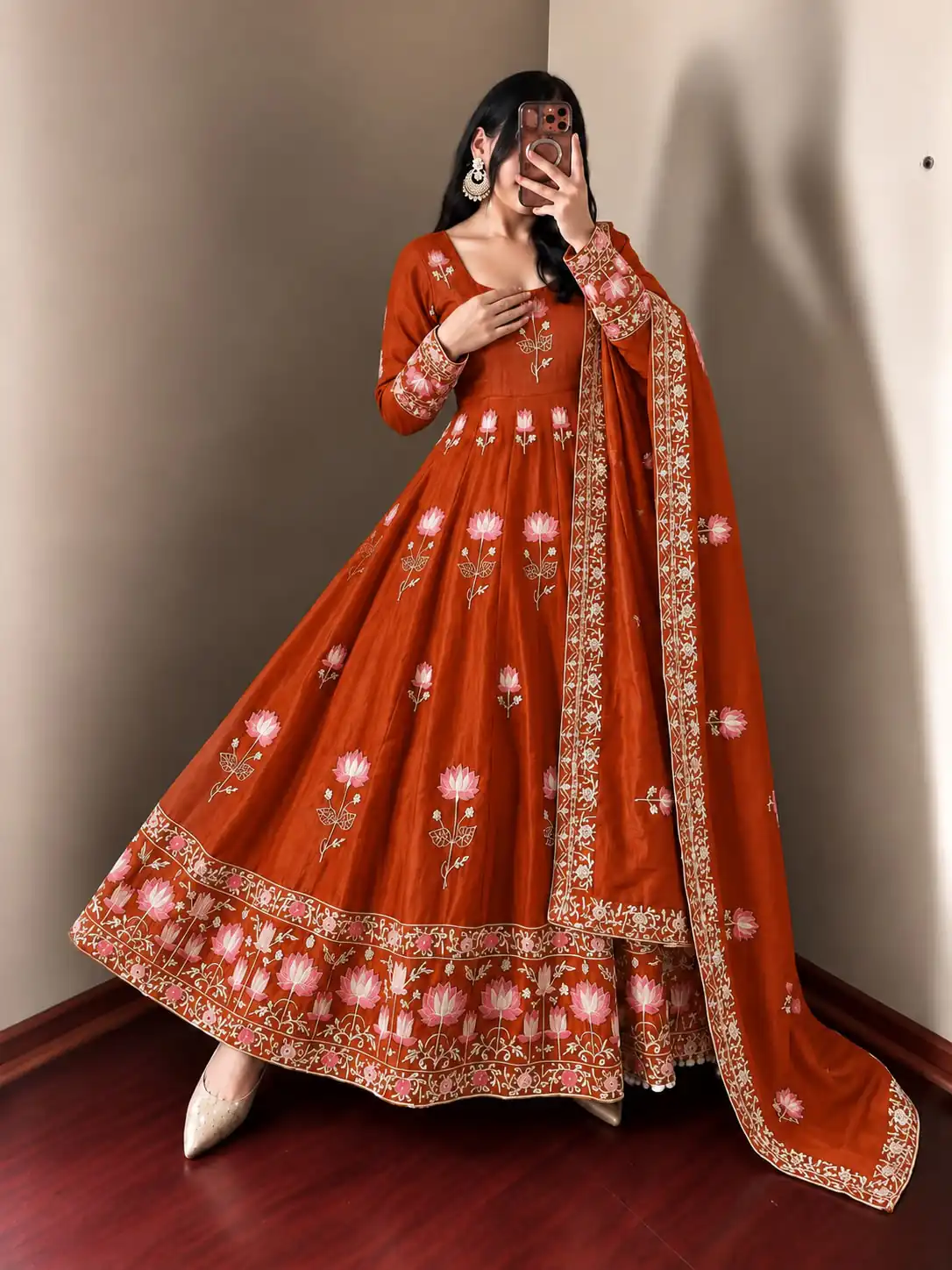 SR 1724 Rust Faux Georgette Gown with Mirror Work & Embroidery Work. Get it for ₹2799. Delivery 4-6 Working Days. Online Shop now. | Gowns, Bollywood Gowns, Creative Gowns, Designer Gowns, Embroidered Gowns, Party Wear Gowns