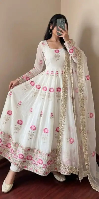 SR 1724 White Faux Georgette Gown with Mirror Work & Embroidery Work. Get it for ₹2799. Delivery 4-6 Working Days. Online Shop now. | Gowns, Bollywood Gowns, Creative Gowns, Designer Gowns, Embroidered Gowns, Party Wear Gowns