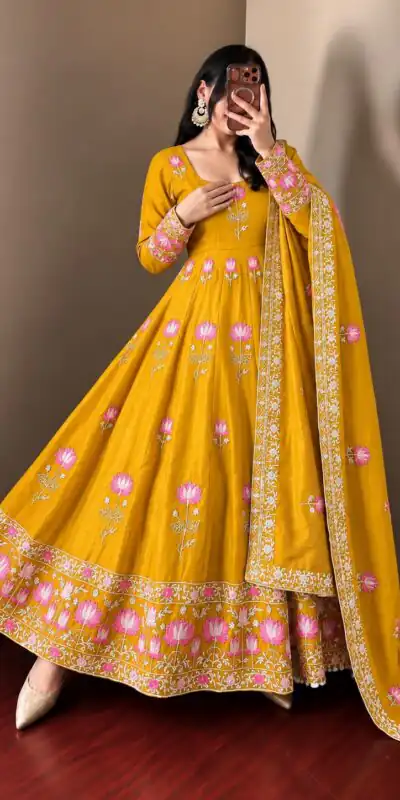 SR 1724 Yellow Faux Georgette Gown with Mirror Work & Embroidery Work. Get it for ₹2799. Delivery 4-6 Working Days. Online Shop now. | Gowns, Bollywood Gowns, Creative Gowns, Designer Gowns, Embroidered Gowns, Party Wear Gowns