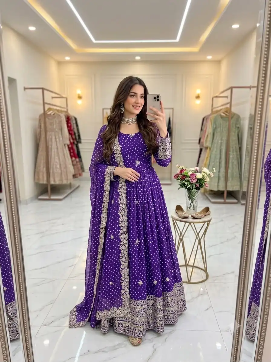 WW 1283 Purple in Colour Faux Georgette Bandhani Print Work Gown. Available at ₹2399 only. Delivery 4-6 Working Days. Shop now. | Gowns, Bollywood Gowns, Creative Gowns, Designer Gowns, Embroidered Gowns, Party Wear Gowns