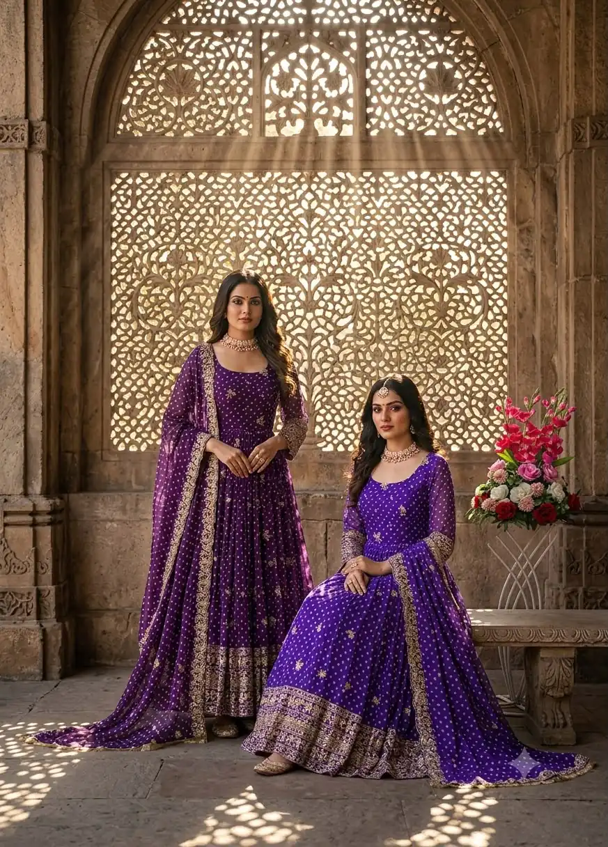 WW 1283 Purple in Colour Faux Georgette Bandhani Print Work Gown. Available at ₹2399 only. Delivery 4-6 Working Days. Shop now. | Gowns, Bollywood Gowns, Creative Gowns, Designer Gowns, Embroidered Gowns, Party Wear Gowns