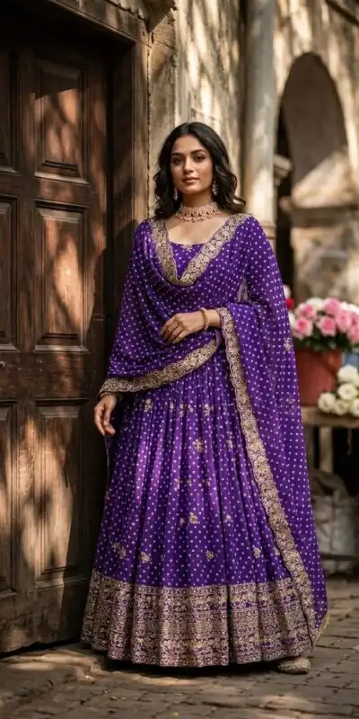 WW 1283 Purple in Colour Faux Georgette Bandhani Print Work Gown. Available at ₹2399 only. Delivery 4-6 Working Days. Shop now. | Gowns, Bollywood Gowns, Creative Gowns, Designer Gowns, Embroidered Gowns, Party Wear Gowns