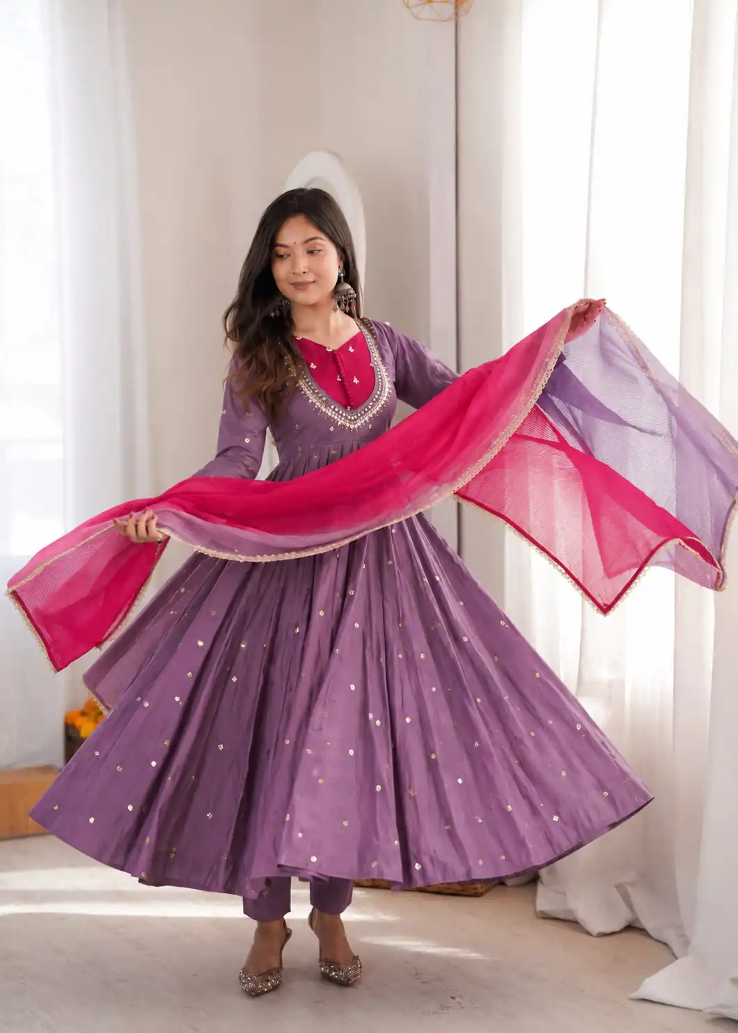 ZF 5023 Lavender Roman Silk Gown with Mirror Work & Embroidery Work. Special Price ₹2099. Delivery 4-6 Working Days. Shop now. | Gowns, Bollywood Gowns, Creative Gowns, Designer Gowns, Embroidered Gowns, Party Wear Gowns