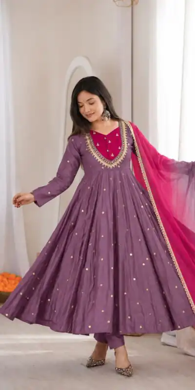 ZF 5023 Lavender Roman Silk Gown with Mirror Work & Embroidery Work. Special Price ₹2099. Delivery 4-6 Working Days. Shop now. | Gowns, Bollywood Gowns, Creative Gowns, Designer Gowns, Embroidered Gowns, Party Wear Gowns