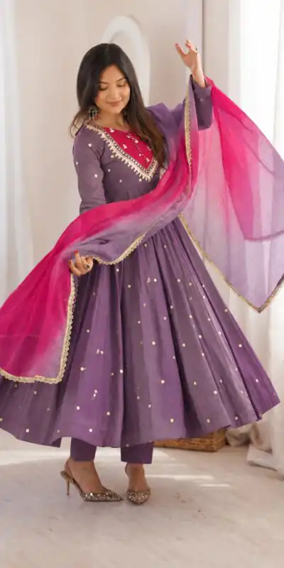 ZF 5023 Lavender Roman Silk Gown with Mirror Work & Embroidery Work. Special Price ₹2099. Delivery 4-6 Working Days. Shop now. | Gowns, Bollywood Gowns, Creative Gowns, Designer Gowns, Embroidered Gowns, Party Wear Gowns