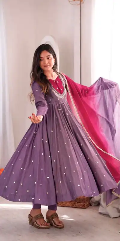 ZF 5023 Lavender Roman Silk Gown with Mirror Work & Embroidery Work. Special Price ₹2099. Delivery 4-6 Working Days. Shop now. | Gowns, Bollywood Gowns, Creative Gowns, Designer Gowns, Embroidered Gowns, Party Wear Gowns