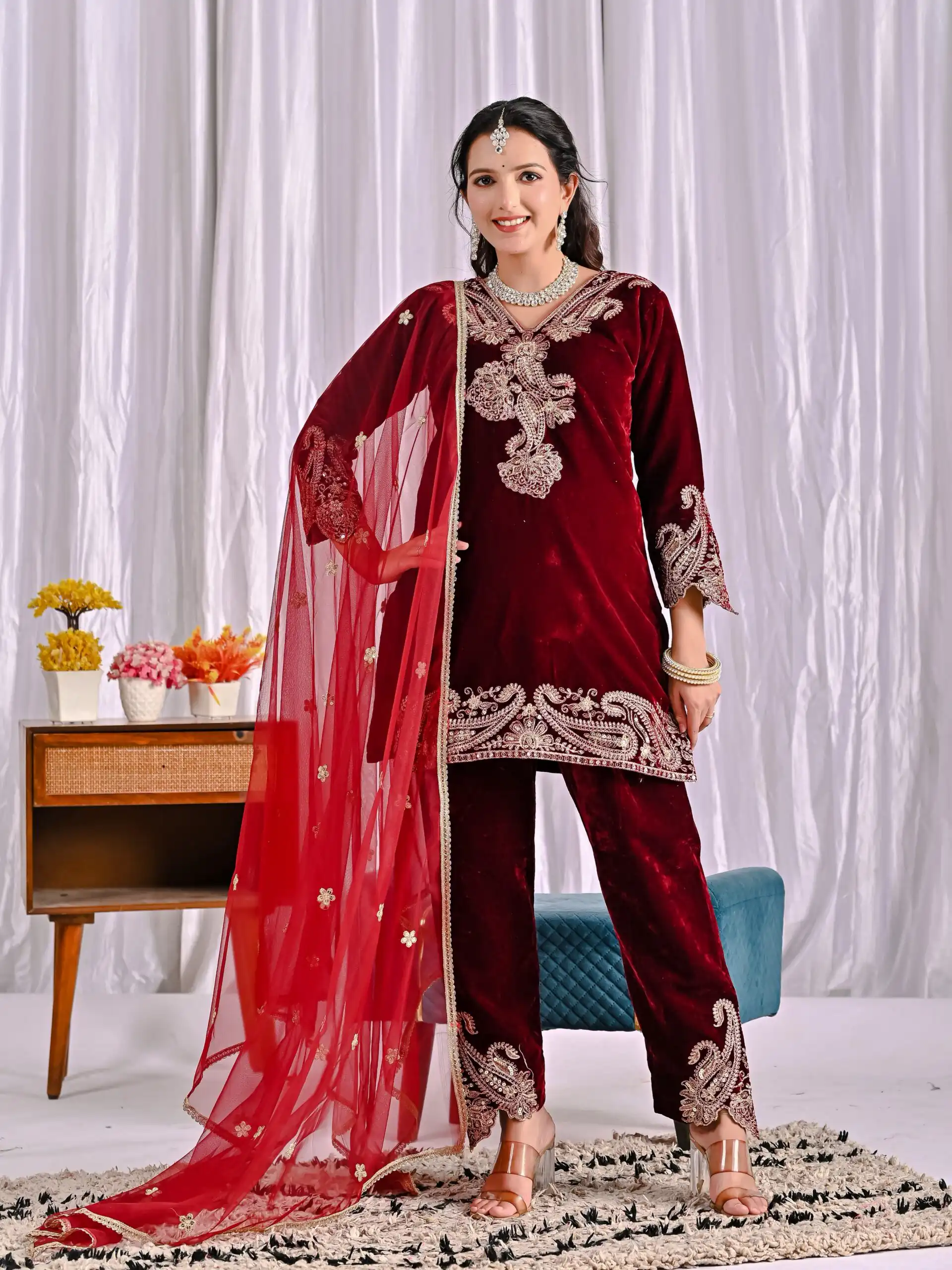 NF 1261 Maroon Viscose Velvet Salwar Suit with Embroidery Work & Lace Work. Grab it for ₹2249. Delivery 4-6 Working Days. Shop now. | Jump Suits, Salwar suit, Casual Suits, Creative suits, Designer Suits, Palazzo Suits, Party Wear Suits, Patiala Suits, Straight Suits