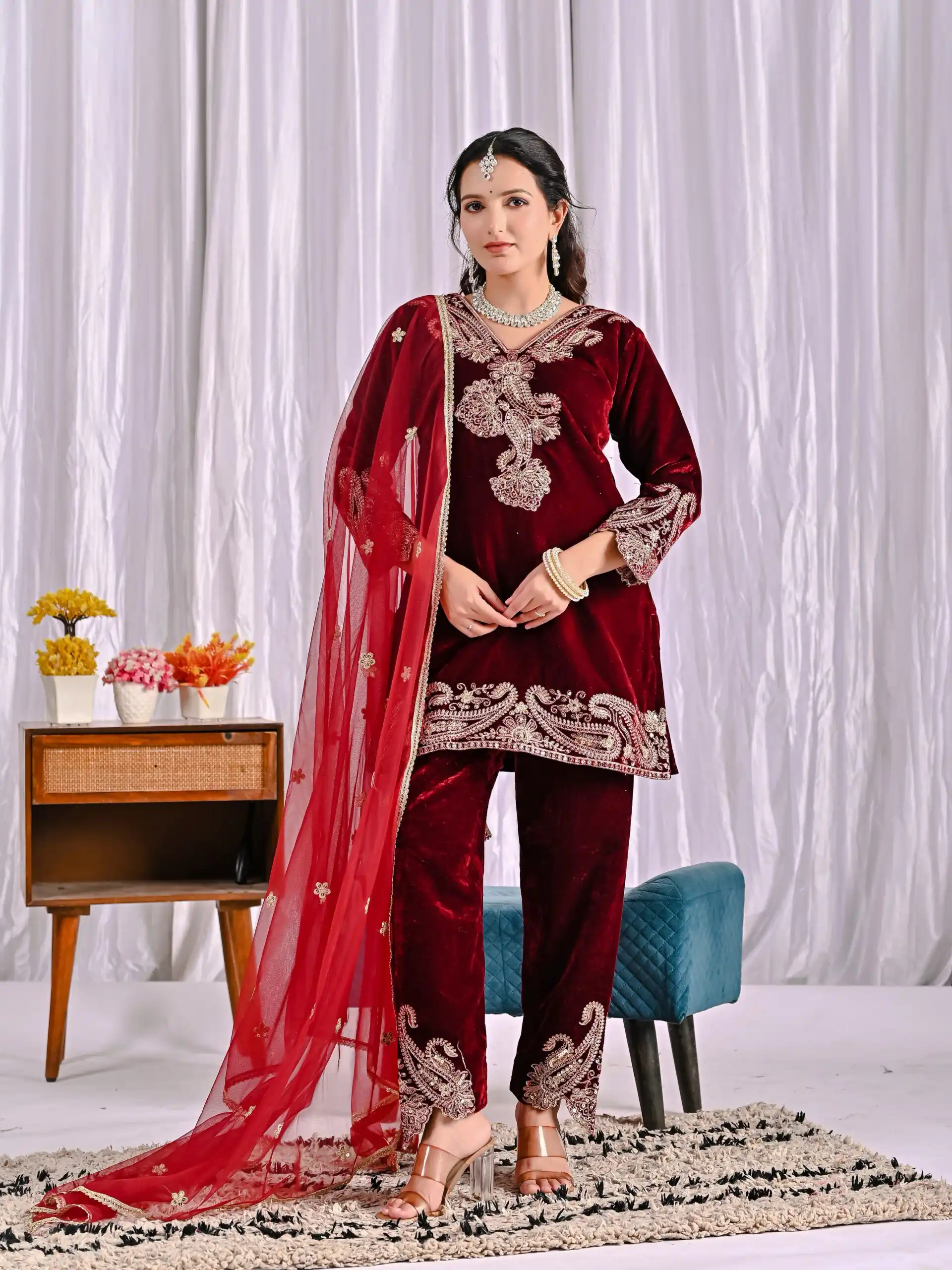 NF 1261 Maroon Viscose Velvet Salwar Suit with Embroidery Work & Lace Work. Grab it for ₹2249. Delivery 4-6 Working Days. Shop now. | Jump Suits, Salwar suit, Casual Suits, Creative suits, Designer Suits, Palazzo Suits, Party Wear Suits, Patiala Suits, Straight Suits