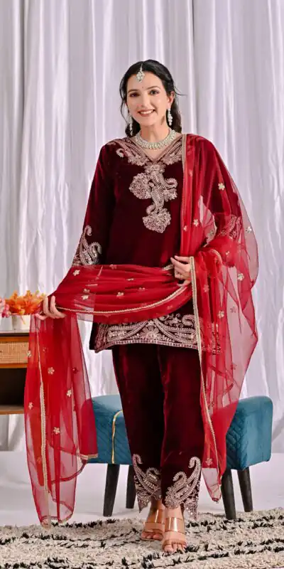 NF 1261 Maroon Viscose Velvet Salwar Suit with Embroidery Work & Lace Work. Grab it for ₹2249. Delivery 4-6 Working Days. Shop now. | Jump Suits, Salwar suit, Casual Suits, Creative suits, Designer Suits, Palazzo Suits, Party Wear Suits, Patiala Suits, Straight Suits
