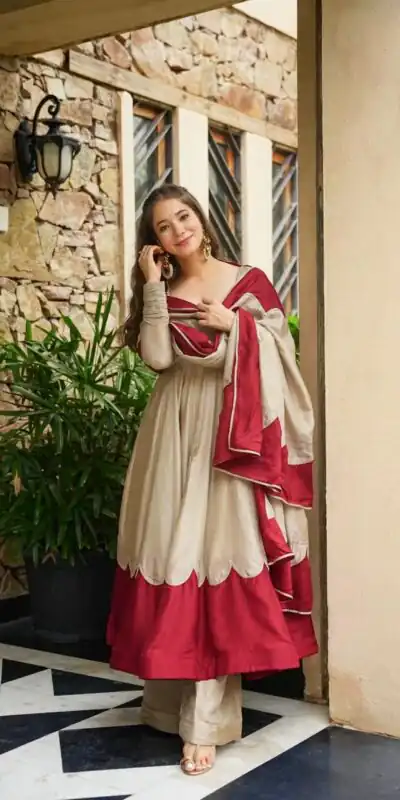 AD 249 Off White Roman Silk Gown with Mirror Work & Embroidery Work. Special Price ₹2999. Delivery 4-6 Working Days. Shop now. | Gowns, Bollywood Gowns, Creative Gowns, Designer Gowns, Embroidered Gowns, Party Wear Gowns