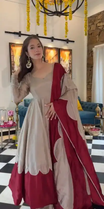AD 249 Off White Roman Silk Gown with Mirror Work & Embroidery Work. Special Price ₹2999. Delivery 4-6 Working Days. Shop now. | Gowns, Bollywood Gowns, Creative Gowns, Designer Gowns, Embroidered Gowns, Party Wear Gowns