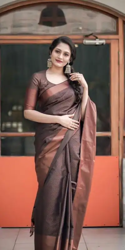 KP 3094 Brown Soft Lichi Jacquard Work Saree for Wedding, Party, Cultural Events, Traditional Day, Pooja . Grab it for ₹1549. Delivery 4-6 Working Day | Sarees, Bollywood Sarees, Creative Sarees, Designer Sarees, Embroidered Sarees, Ethnic Saree, Modern Digital sarees, Party Wear Sarees