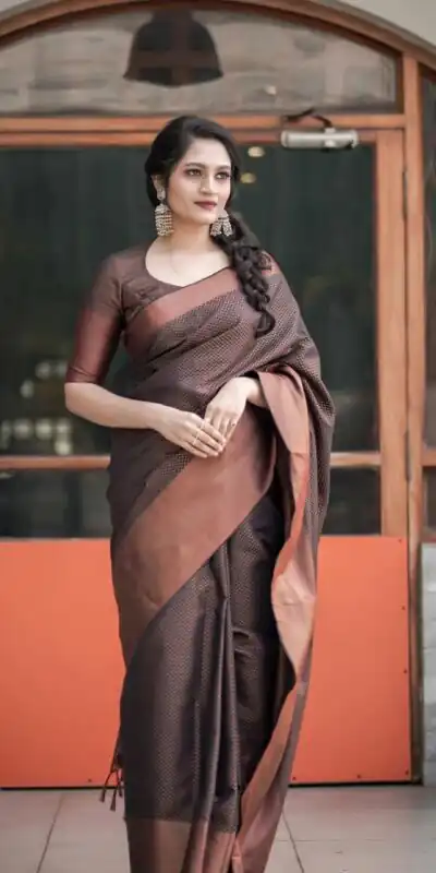 KP 3094 Brown Soft Lichi Jacquard Work Saree for Wedding, Party, Cultural Events, Traditional Day, Pooja . Grab it for ₹1549. Delivery 4-6 Working Day | Sarees, Bollywood Sarees, Creative Sarees, Designer Sarees, Embroidered Sarees, Ethnic Saree, Modern Digital sarees, Party Wear Sarees