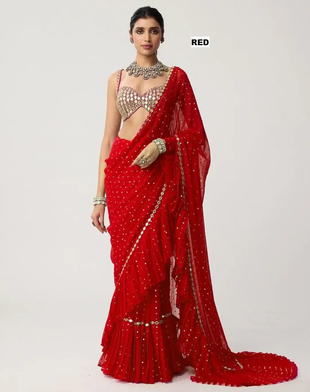 DF 3455 Red Color Faux Georgette Embroidery Sequins Work Saree Casual, Wedding, Festive, Events . Expected Delivery  4-6 Working Days @2199/- only                                                                                | Sarees, Bollywood Sarees, Creative Sarees, Designer Sarees, Embroidered Sarees, Ethnic Saree, Modern Digital sarees, Party Wear Sarees